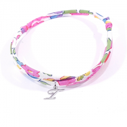 Bracelet initiale argent et tissu liberty rose fleur de fuchsia lettre anglaise I