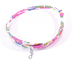 Bracelet initiale argent et tissu liberty rose fleur de fuchsia lettre anglaise J