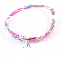 Bracelet initiale argent et tissu liberty rose fleur de fuchsia lettre anglaise M