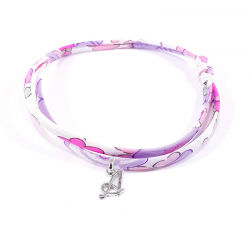 Bracelet initiale argent et tissu liberty rose mauve lilas lettre anglaise A