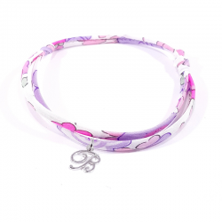 Bracelet initiale argent et tissu liberty rose mauve lilas lettre anglaise B