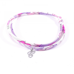 Bracelet initiale argent et tissu liberty rose mauve lilas lettre anglaise C