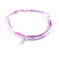 Bracelet initiale argent et tissu liberty rose mauve lilas lettre anglaise I