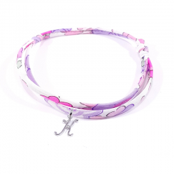 Bracelet initiale argent et tissu liberty rose mauve lilas lettre anglaise K