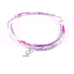 Bracelet initiale argent et tissu liberty rose mauve lilas lettre anglaise L