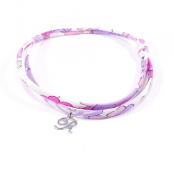 Bracelet initiale argent et tissu liberty rose mauve lilas lettre anglaise R