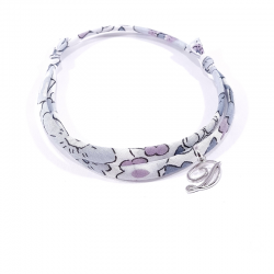 Bracelet initiale argent et tissu liberty fleurs gris lettre anglaise D