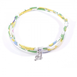 Bracelet initiale argent et tissu liberty fleurs de mimosa jaune lettre anglaise A