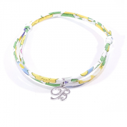 Bracelet initiale argent et tissu liberty fleurs de mimosa jaune lettre anglaise B