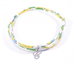 Bracelet initiale argent et tissu liberty fleurs de mimosa jaune lettre anglaise C