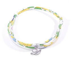 Bracelet initiale argent et tissu liberty fleurs de mimosa jaune lettre anglaise D