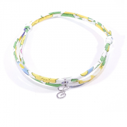 Bracelet initiale argent et tissu liberty fleurs de mimosa jaune lettre anglaise E