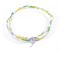 Bracelet initiale argent et tissu liberty fleurs de mimosa jaune lettre anglaise F