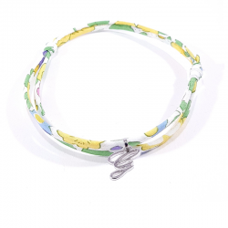 Bracelet initiale argent et tissu liberty fleurs de mimosa jaune lettre anglaise G