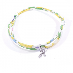 Bracelet initiale argent et tissu liberty fleurs de mimosa jaune lettre anglaise H