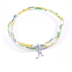 Bracelet initiale argent et tissu liberty fleurs de mimosa jaune lettre anglaise K