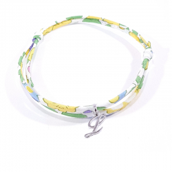 Bracelet initiale argent et tissu liberty fleurs de mimosa jaune lettre anglaise L