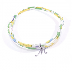 Bracelet initiale argent et tissu liberty fleurs de mimosa jaune lettre anglaise M