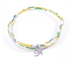 Bracelet initiale argent et tissu liberty fleurs de mimosa jaune lettre anglaise R