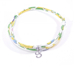 Bracelet initiale argent et tissu liberty fleurs de mimosa jaune lettre anglaise S