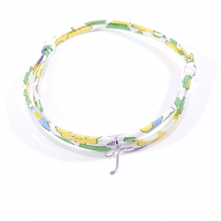 Bracelet initiale argent et tissu liberty fleurs de mimosa jaune lettre anglaise T