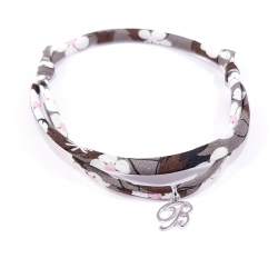 Bracelet initiale argent et tissu liberty fleurs marron lettre anglaise B