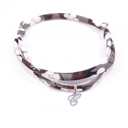 Bracelet initiale argent et tissu liberty fleurs marron lettre anglaise C