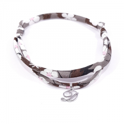 Bracelet initiale argent et tissu liberty fleurs marron lettre anglaise D