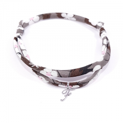 Bracelet initiale argent et tissu liberty fleurs marron lettre anglaise F