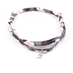 Bracelet initiale argent et tissu liberty fleurs marron lettre anglaise I