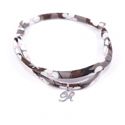 Bracelet initiale argent et tissu liberty fleurs marron lettre anglaise R