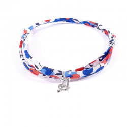 Bracelet initiale argent et tissu liberty fleurs bleu blanc rouge lettre anglaise A