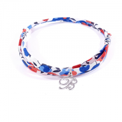 Bracelet initiale argent et tissu liberty fleurs bleu blanc rouge lettre anglaise B