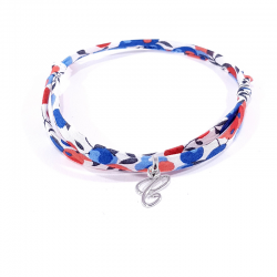 Bracelet initiale argent et tissu liberty fleurs bleu blanc rouge lettre anglaise C