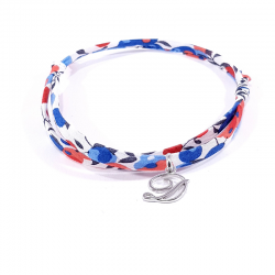 Bracelet initiale argent et tissu liberty fleurs bleu blanc rouge lettre anglaise D