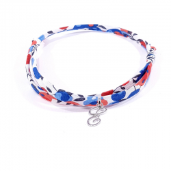 Bracelet initiale argent et tissu liberty fleurs bleu blanc rouge lettre anglaise E