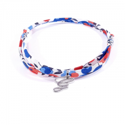 Bracelet initiale argent et tissu liberty fleurs bleu blanc rouge lettre anglaise G