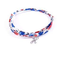 Bracelet initiale argent et tissu liberty fleurs bleu blanc rouge lettre anglaise H