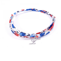 Bracelet initiale argent et tissu liberty fleurs bleu blanc rouge lettre anglaise I