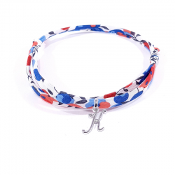 Bracelet initiale argent et tissu liberty fleurs bleu blanc rouge lettre anglaise K