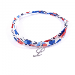 Bracelet initiale argent et tissu liberty fleurs bleu blanc rouge lettre anglaise L