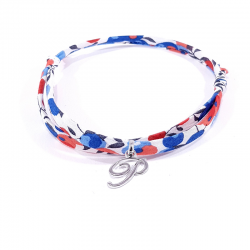 Bracelet initiale argent et tissu liberty fleurs bleu blanc rouge lettre anglaise P