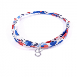 Bracelet initiale argent et tissu liberty fleurs bleu blanc rouge lettre anglaise S