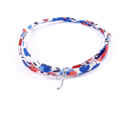 Bracelet initiale argent et tissu liberty fleurs bleu blanc rouge lettre anglaise T