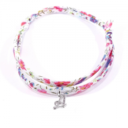 Bracelet initiale argent et tissu liberty fleurs multicolores lettre anglaise A