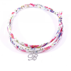 Bracelet initiale argent et tissu liberty fleurs multicolores lettre anglaise B