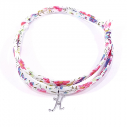 Bracelet initiale argent et tissu liberty fleurs multicolores lettre anglaise K