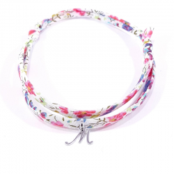 Bracelet initiale argent et tissu liberty fleurs multicolores lettre anglaise M