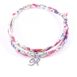 Bracelet initiale argent et tissu liberty fleurs multicolores lettre anglaise R