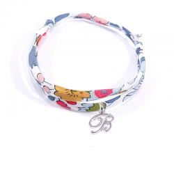 Bracelet initiale argent et tissu liberty fleurs lettre anglaise B